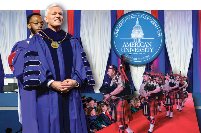 President Jon Alger and bagpipers at his inauguration