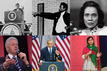 Separate images of John F. Kennedy, Stokely Carmichael, Coretta Scott King, Desmond Tutu, Bill Clinton, Barack Obama, Malala Yousafzai, and Stacey Abrams speaking on AU's campus