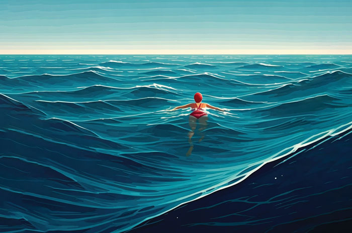 woman in red bathing suit swimming in dark blue waters