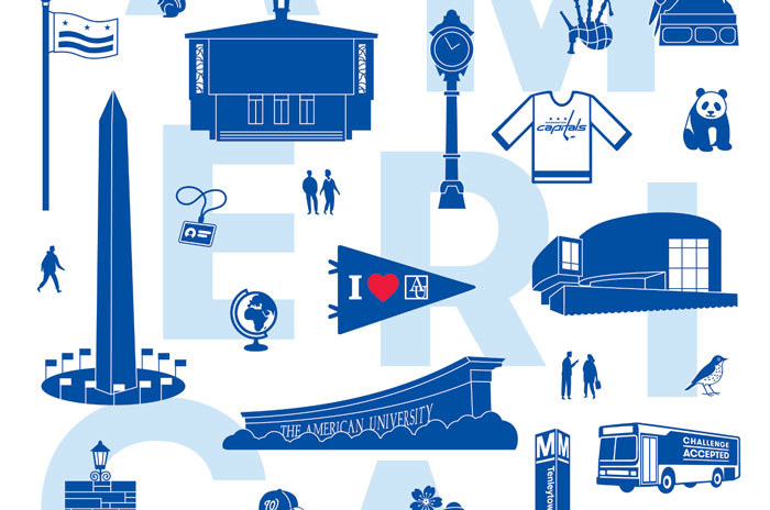 illustration of AU building with the word "American" behind it