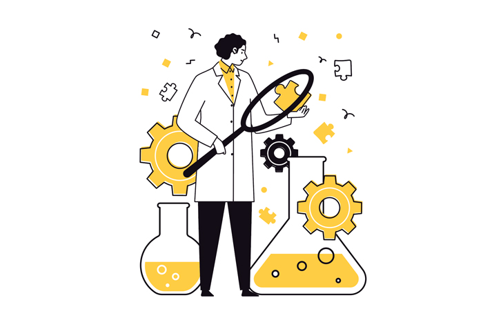 illustration of a scientist holding a giant magnifying glass