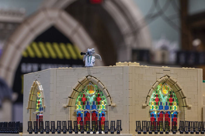 Lego Yoda in front of the Lego cathedral