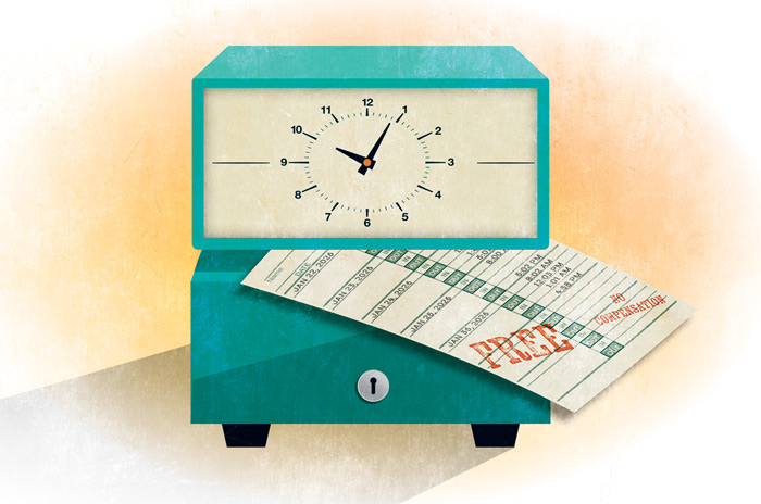 an illustrated time clock with a timecard that reads "free"