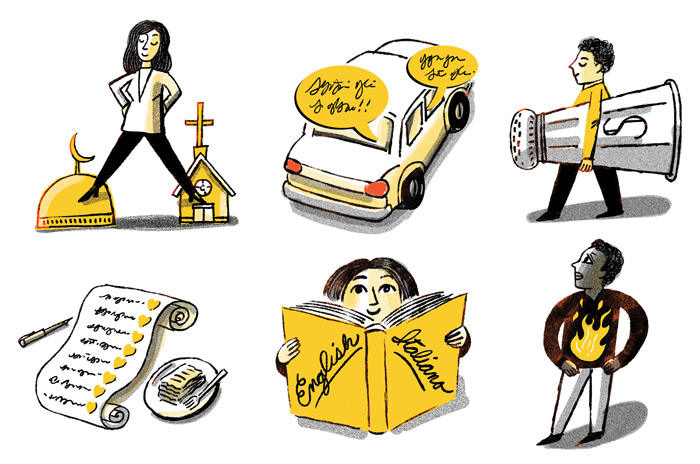 illustrations of a girl standing between a church and a mosque, a trope, and a boy with a flame in his belly