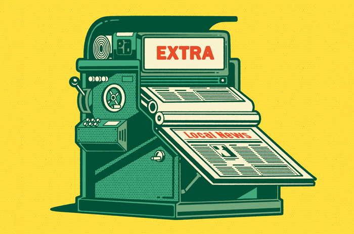 an illustration of a newspaper press that says "local news"