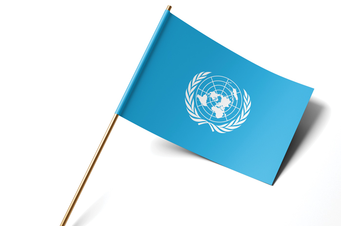 blue flag with white United Nations seal