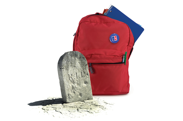 red backpack with a gravestone