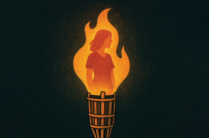 a man holding a torch with a woman's image in the flame