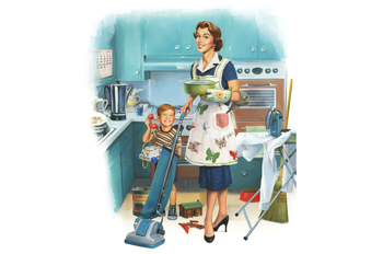 Illustrated, side-by-side images of a housewife and working mother