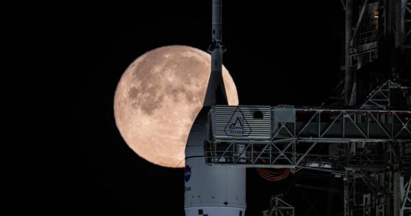 The Artemis II rocket captured with the moon. Photo courtesy of NASA.