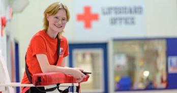 Teagan Odders in the Reeves Aquatic Center lifeguard stand. Photo by Jeff Watts.