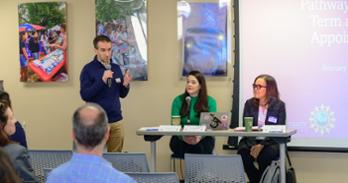 Filippo Trevisan, associate dean of faculty affairs in the School of Communication, speaks during a forum for term and continuing appointment faculty on February 20. Photo by Jeff Watts.
