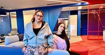 From left, Louna Petit and Assia Mekawi pose in the Mary Graydon Student Center. Photo by Jeff Watts.