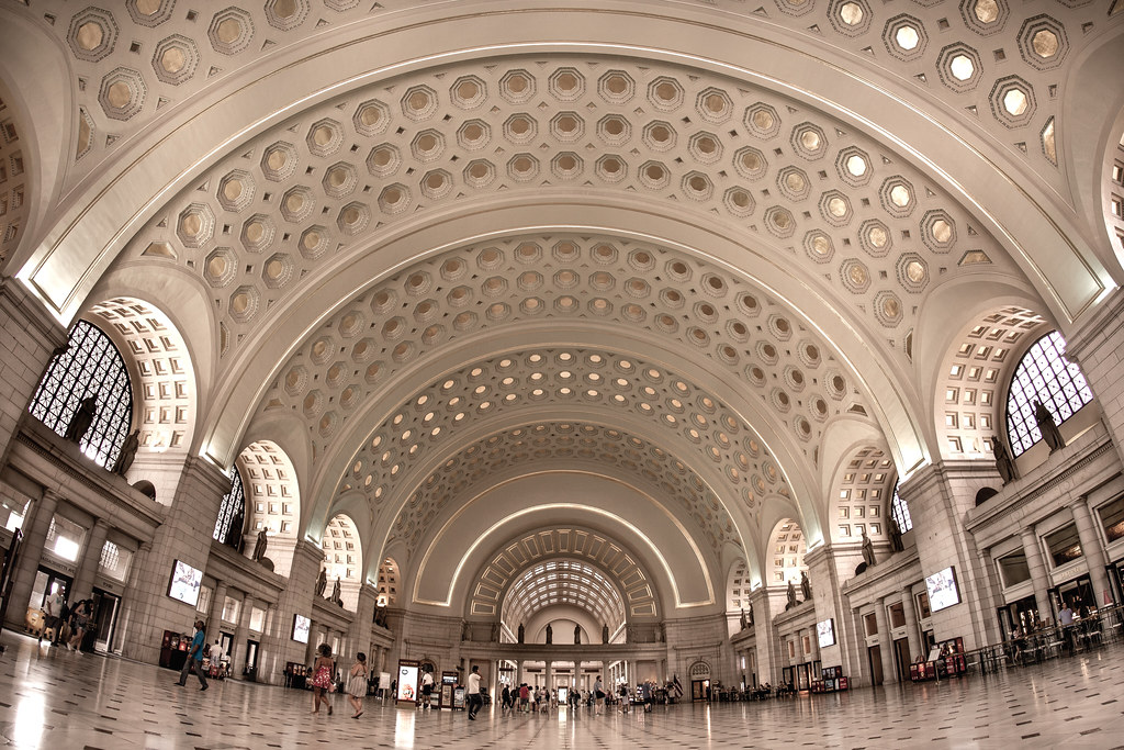 People walking towards transportation at Union Station in Washington, DC