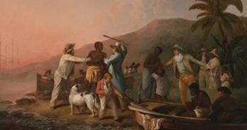 Painting of enslaved people being forced onto ships