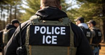 An Immigration and Customs Enforcement agent with his back toward the camera in a vest that says "POLICE ICE"