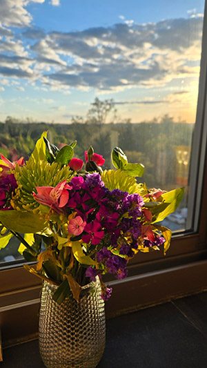colorful bouquet of flowers in a window at sunset overlooking campus