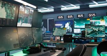 army control center with lots of empty desks and computers and world clocks