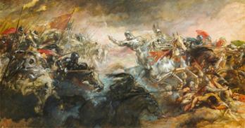 a painting by Sir John Gilbert depicting war filled with chaos, dust, death, and combat on horseback