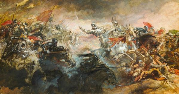 a painting by Sir John Gilbert depicting war filled with chaos, dust, death, and combat on horseback