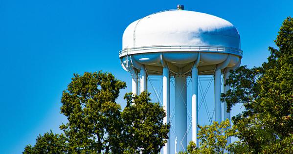 A large white municipal water tower