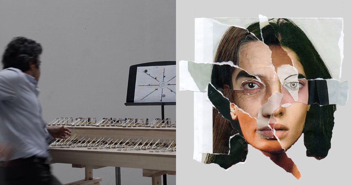 Artwork by Sherko Abbas; Left is Sherko playing an instrument and right is a face made from collaged images.