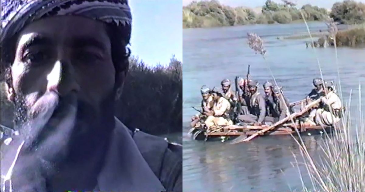Artwork by Sherko Abbas; two stills from his short film, featuring Iraqi archival footage.