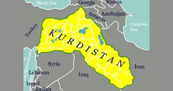 Map of the Middle East with the area of Kurdistan in yellow.