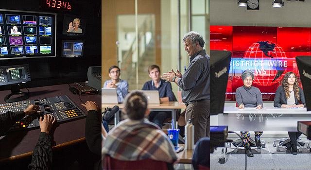 A collage containing students in a classroom, students at a TV switcher, and students filming a news show.