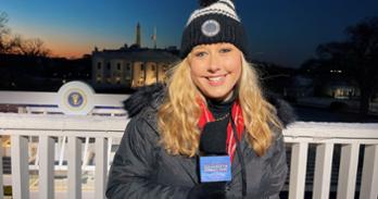 SOC Journalism Award of Excellence winner Jane Fusco, worked for ABC News during the 2024 Inauguration, helping correspondents outside the White House.