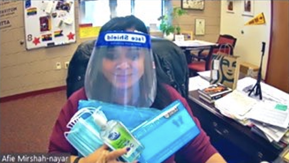 Dr. Afie Mirshah-Nayar shows her use of PPE at a virtual meeting during the COVID lockdown.