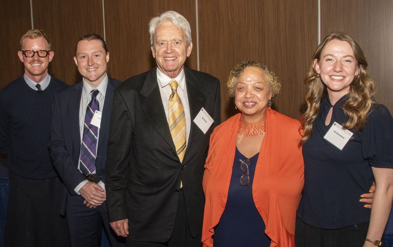 Award winners George McGraw and Vernice Miller-Travis with scholarship winners Aidan Black and Lily Kincannon with Bill Reilly