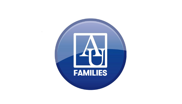 AU Logo on a blue button with the word "Families" on it.