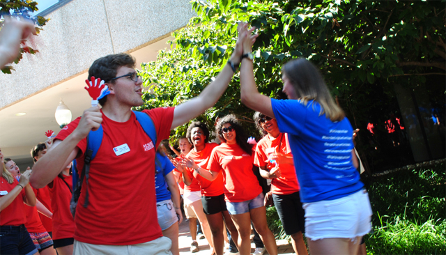 Resident Assistants welcome new students at Opening Convocation during Welcome Week