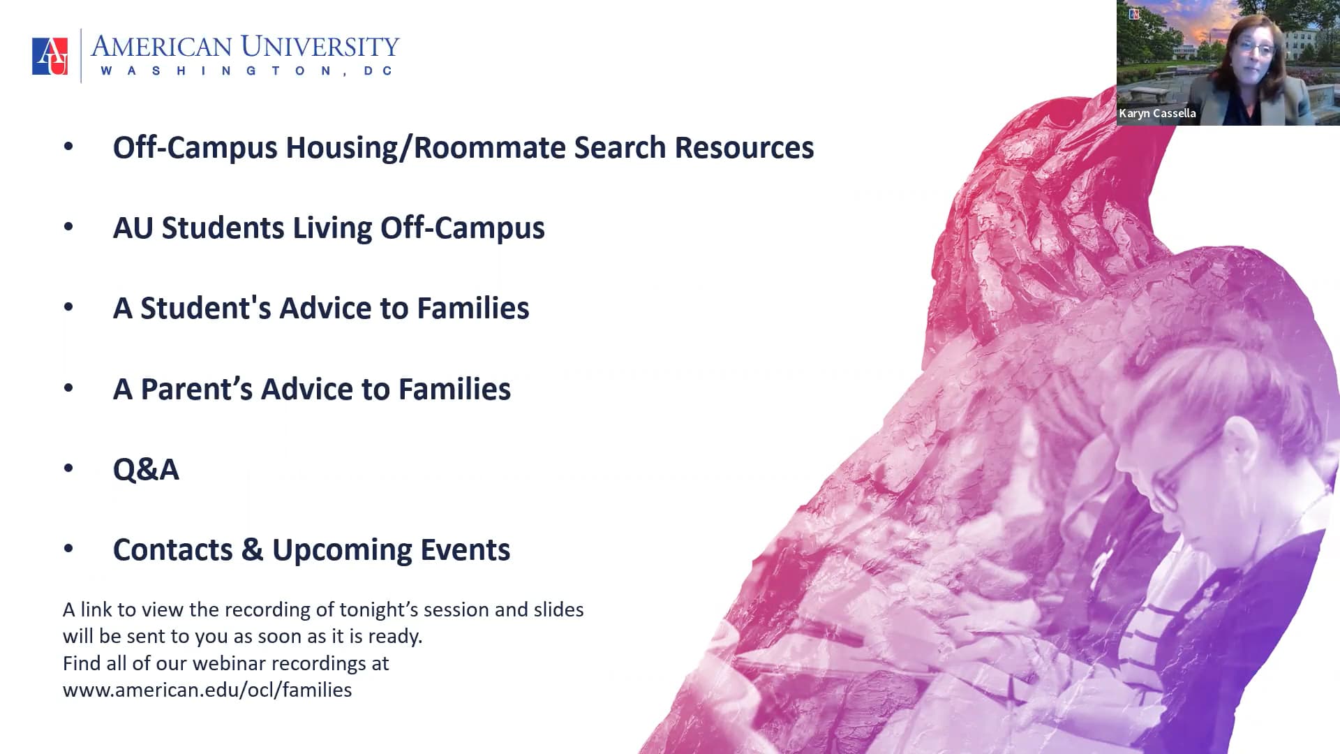 Screenshot of webinar for families