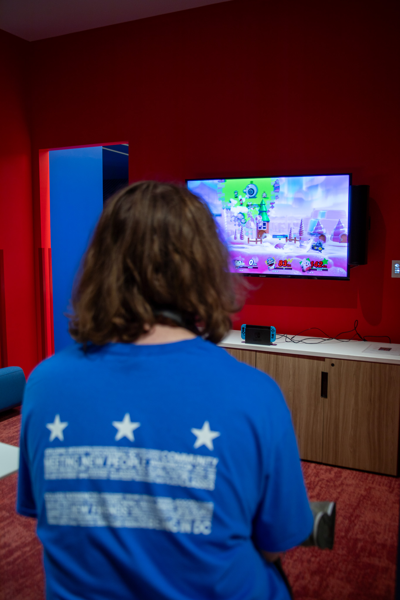 A student plays Super Smash Bros on the Nintendo Switch in the gaming zone of the second floor of Mary Graydon Student Center.