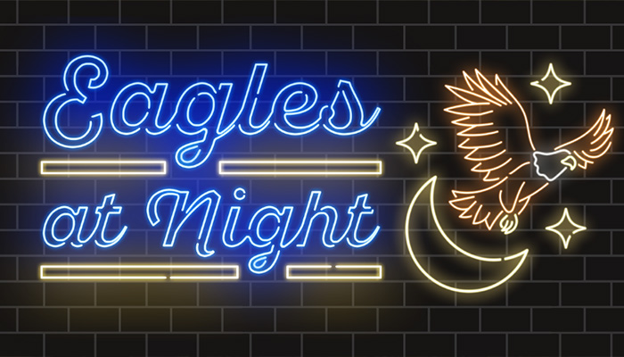 Eagles at Night logo, text reading Eagles at Night styled like a neon sign with the shape of an eagle, moon, and stars alongside it.