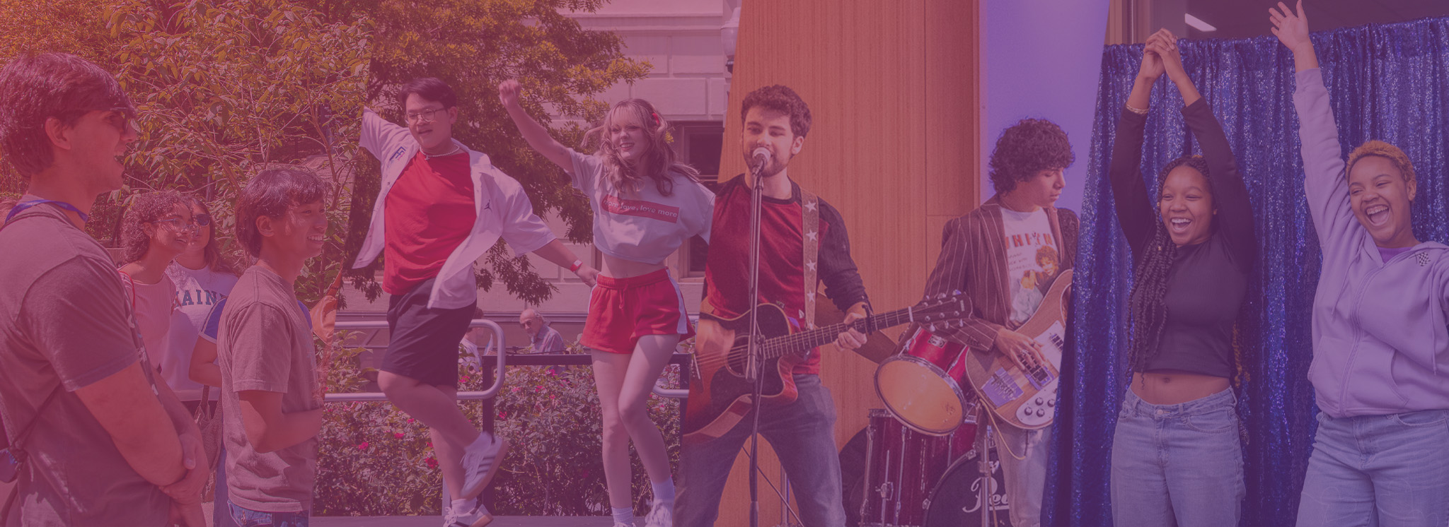 A collage of students having fun with a purple-red color gradient over it.
