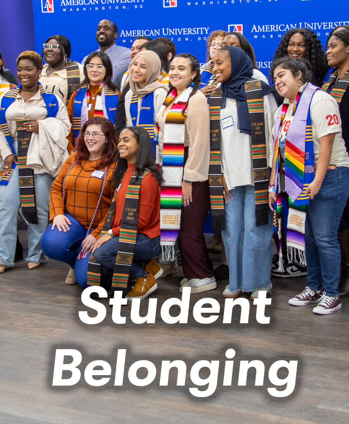 Students gathered at an community commencement celebration, with the text "Student Belonging" on top.